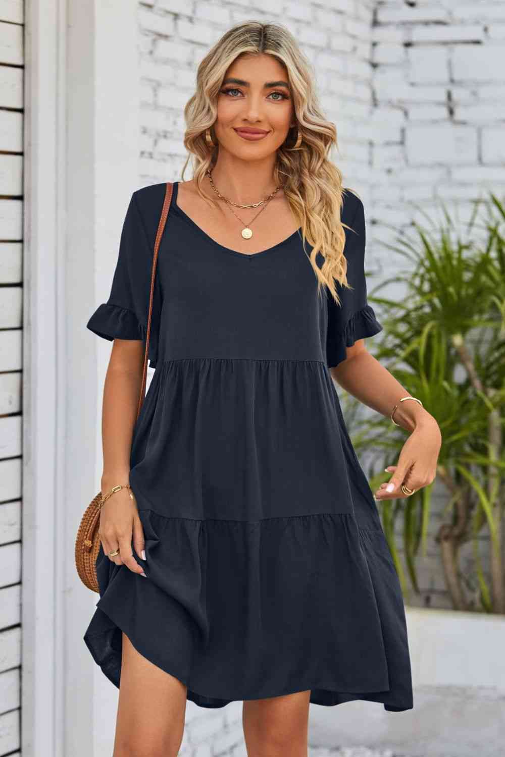 V-Neck Flounce Sleeve Tiered Dress