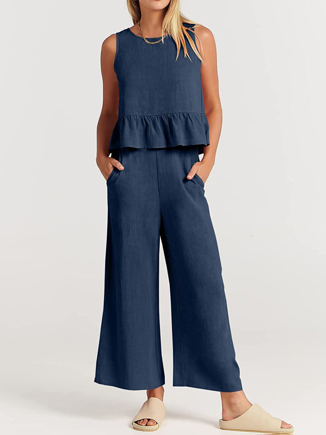 Round Neck Top and Wide Leg Pants Set