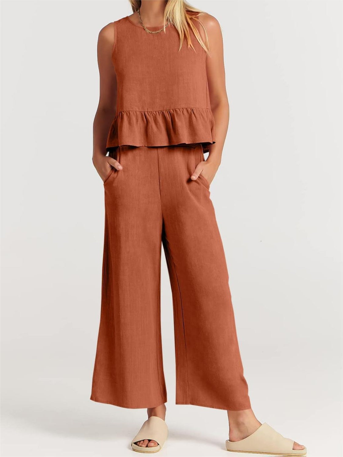 Round Neck Top and Wide Leg Pants Set