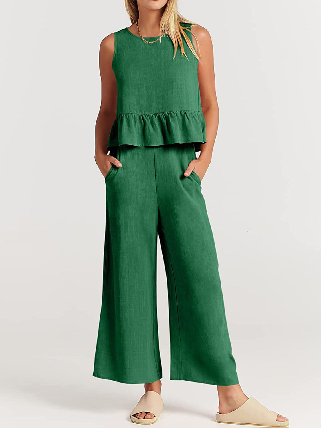 Round Neck Top and Wide Leg Pants Set