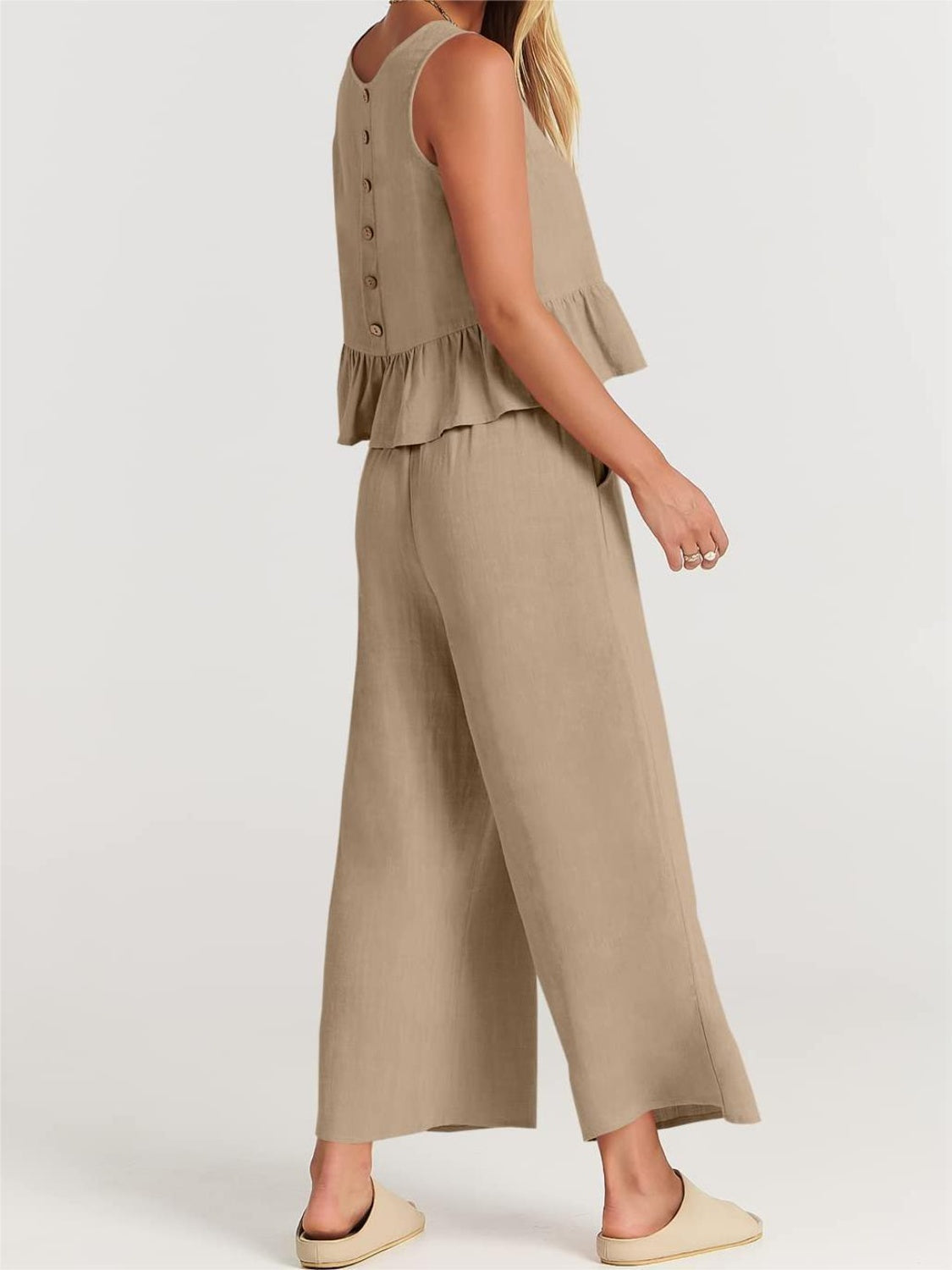 Round Neck Top and Wide Leg Pants Set