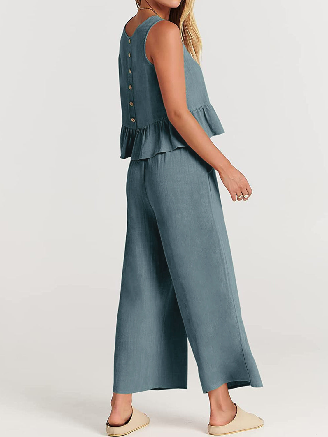 Round Neck Top and Wide Leg Pants Set