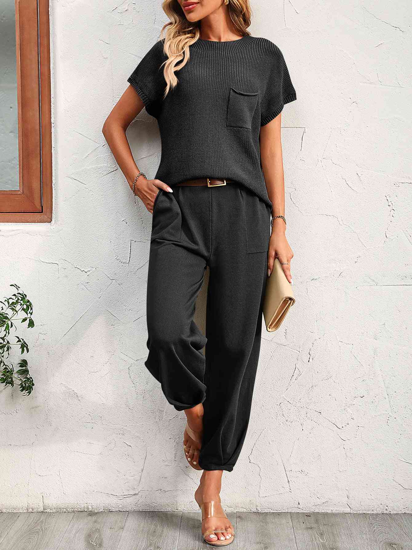 Round Neck Raglan Sleeve Tee and Long Pants Set