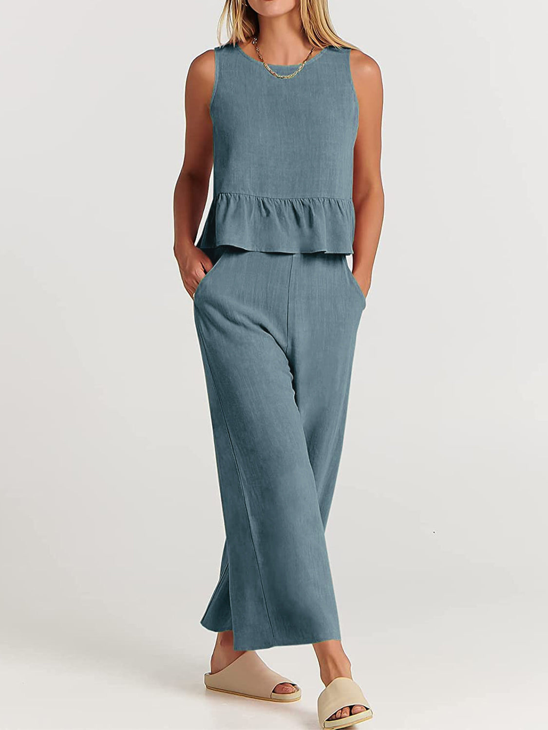 Round Neck Top and Wide Leg Pants Set