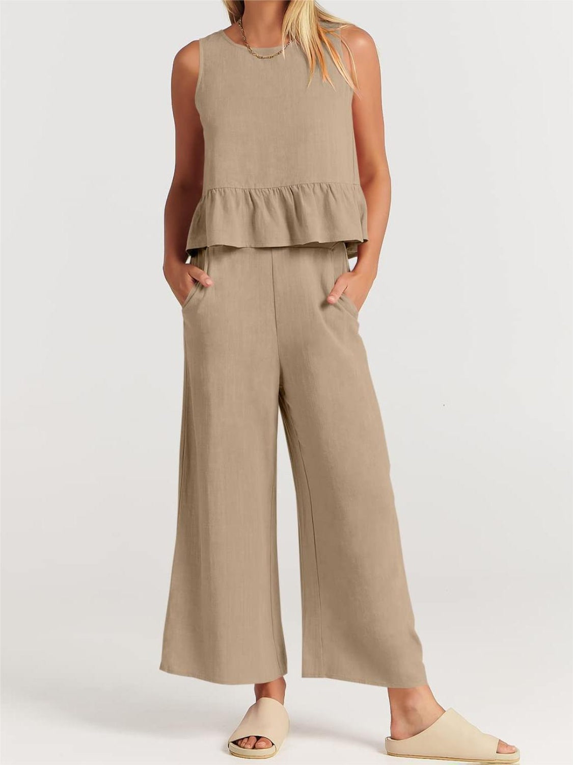 Round Neck Top and Wide Leg Pants Set