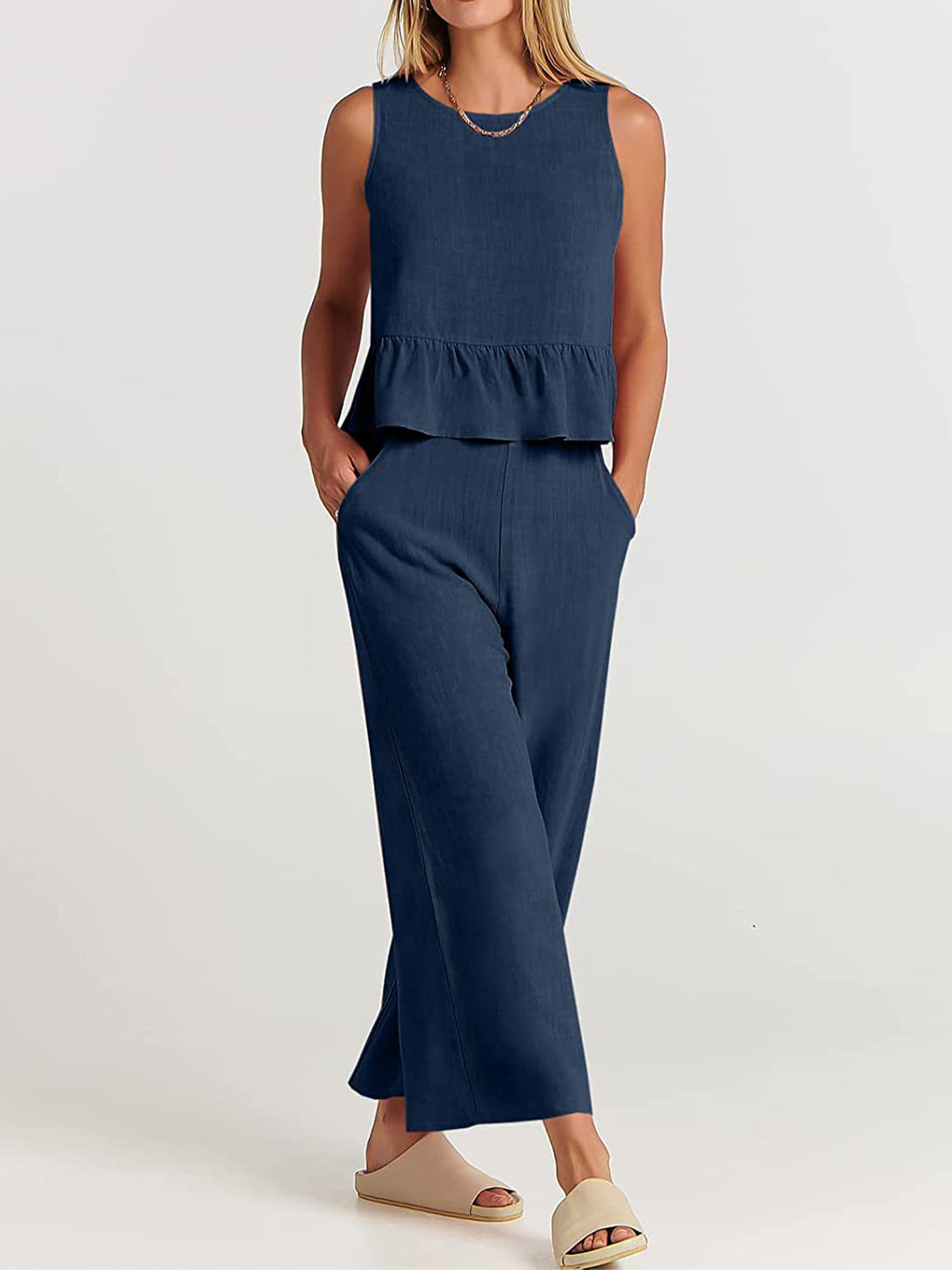 Round Neck Top and Wide Leg Pants Set