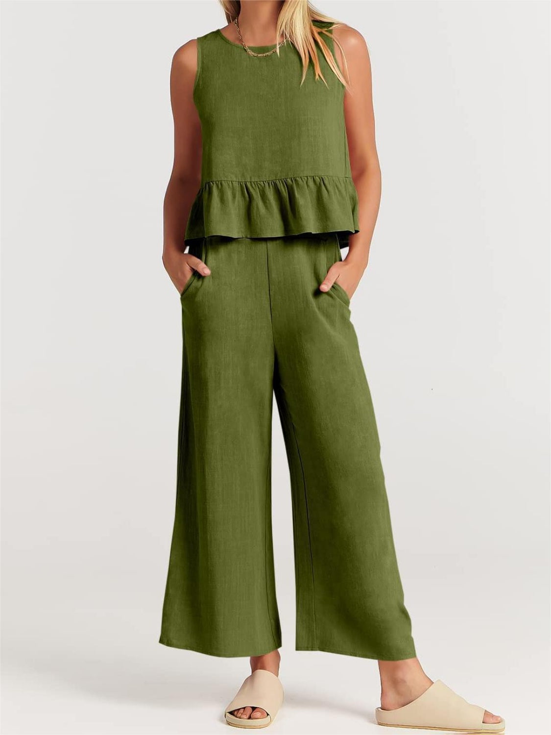 Round Neck Top and Wide Leg Pants Set