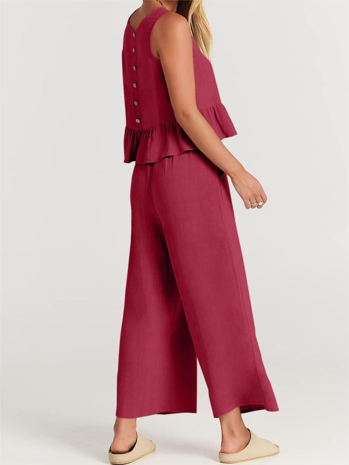 Round Neck Top and Wide Leg Pants Set