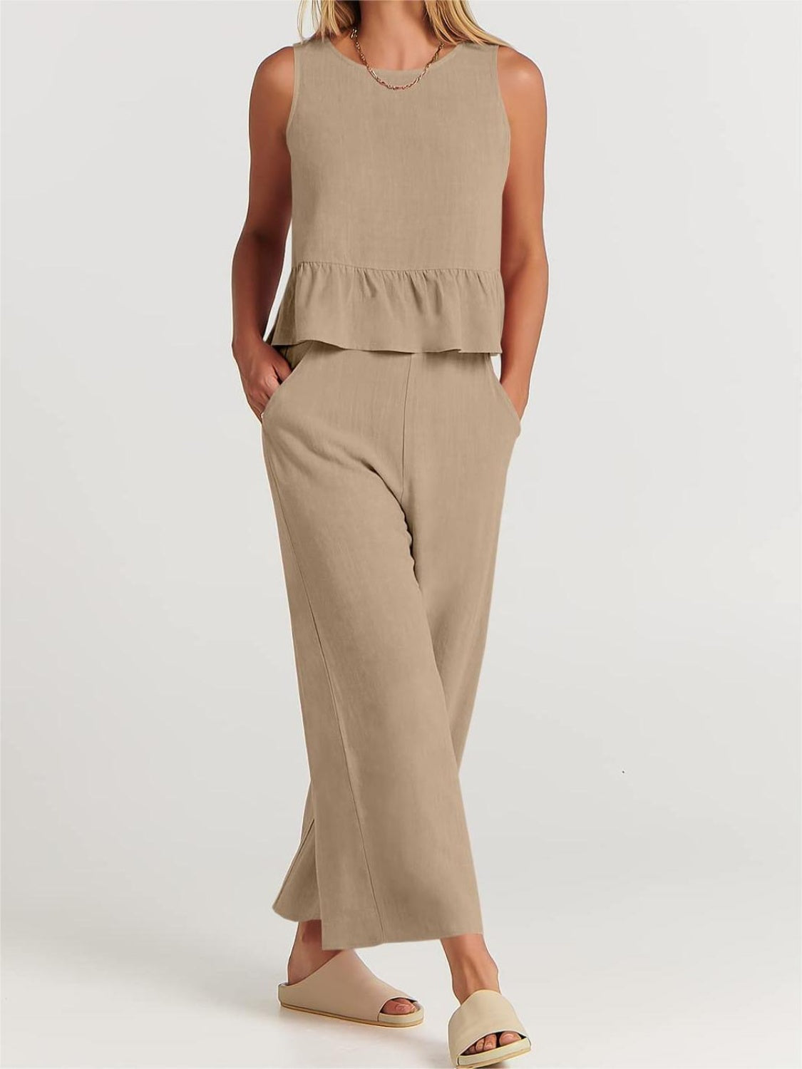 Round Neck Top and Wide Leg Pants Set