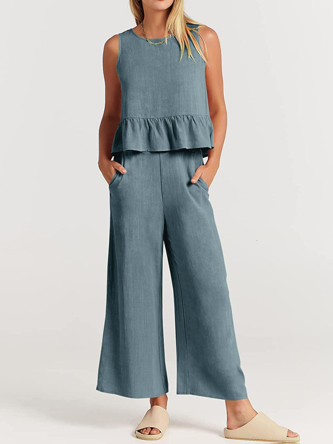 Round Neck Top and Wide Leg Pants Set