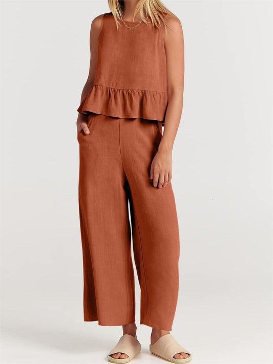 Round Neck Top and Wide Leg Pants Set