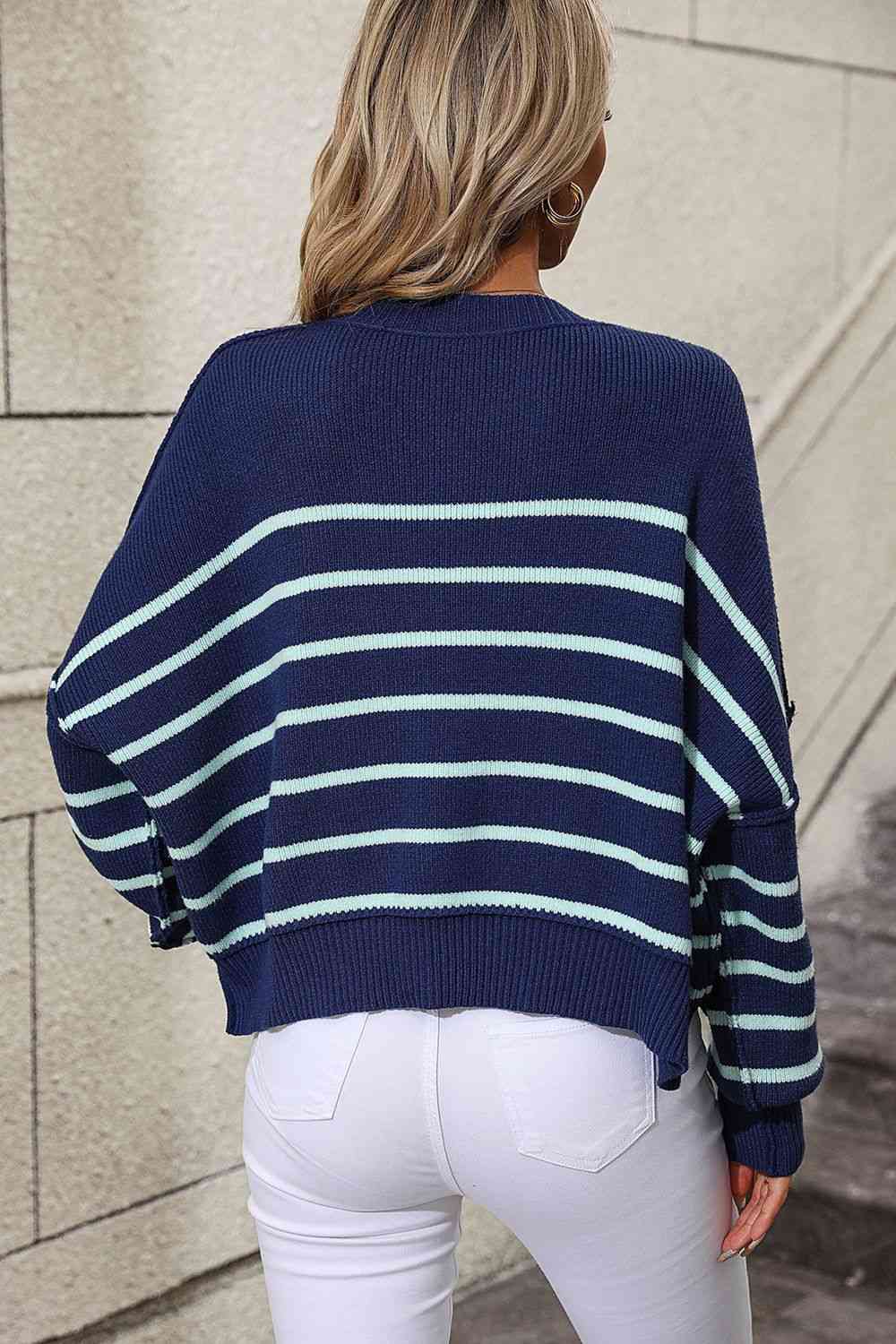 Striped Dropped Shoulder Round Neck Pullover Sweater